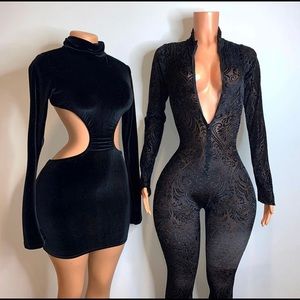 Black faux velvet backless mini dress